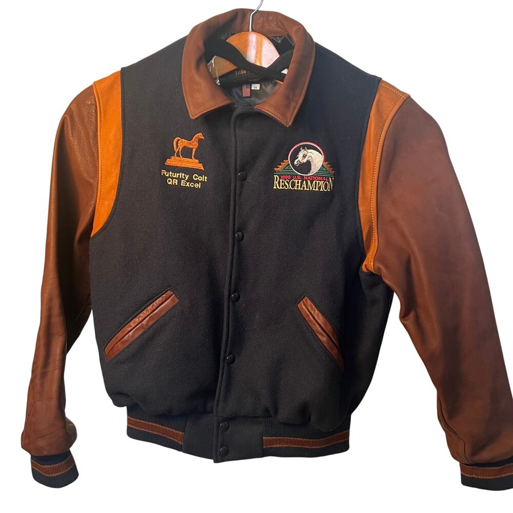 Dehen, Vintage Wool and Cowhide leather jacket w equestrian/native logo Size M